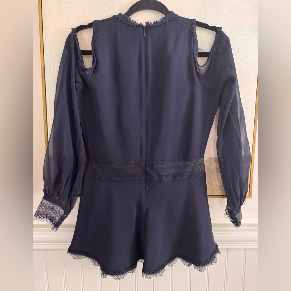 Jonathan Simkhai Cold Shoulder Lace Trim Blouse in Blue Silk - Picture 4 of 6